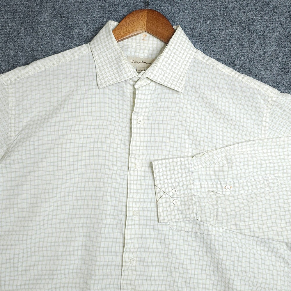 Tommy Bahama Check Dress Shirt Mens 17 34/35 Green White Grid Long Sleeve Cotton
